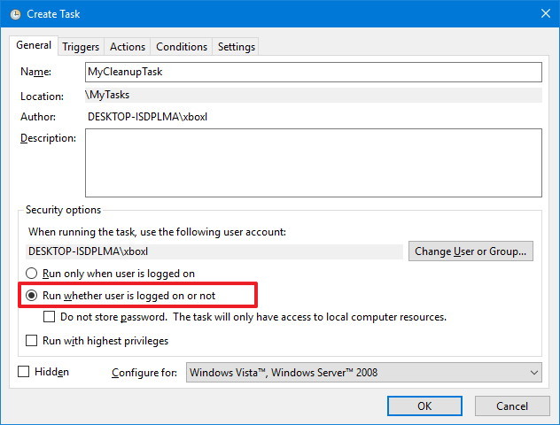 Task Scheduler General tab