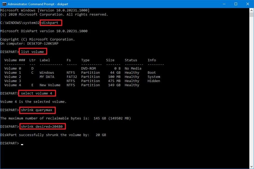 diskpart shrink partition