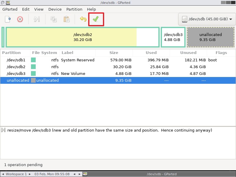 Gparted apply partition changes option