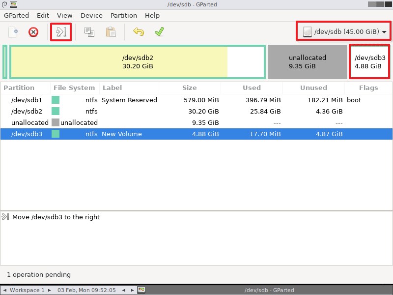 Gparted move partition option