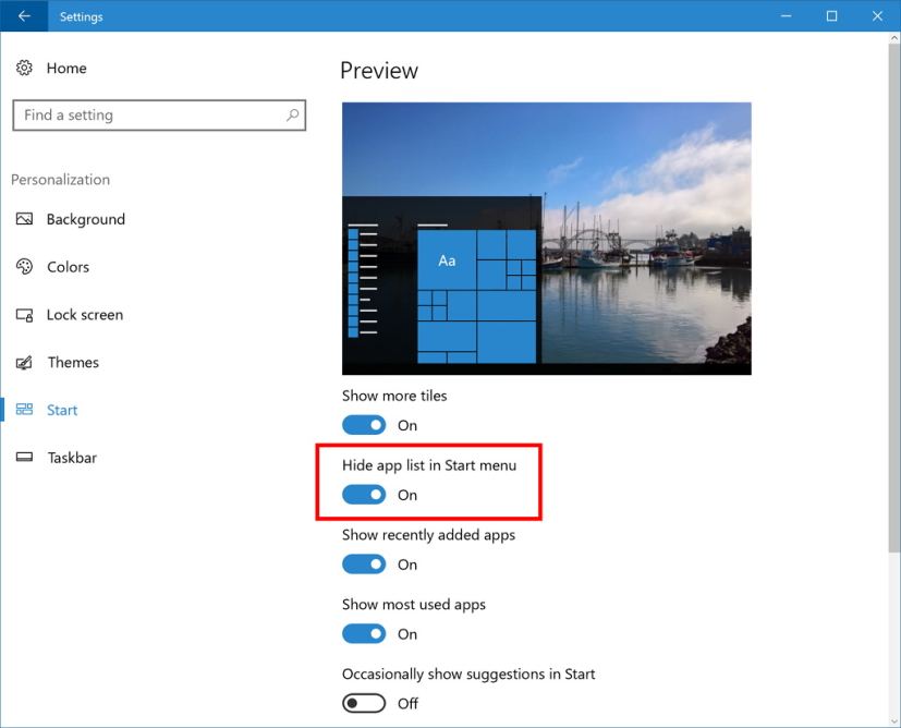 Hide app list in Start menu option on Windows 10 Redstone 2