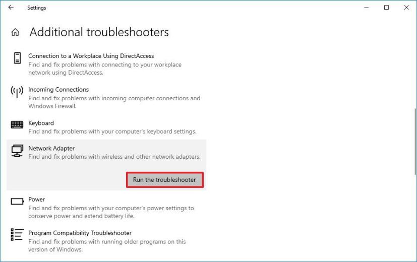 Network adapter troubleshooter