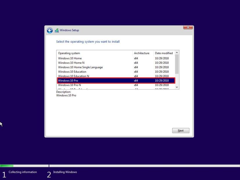 Windows 10 setup, select edition to install