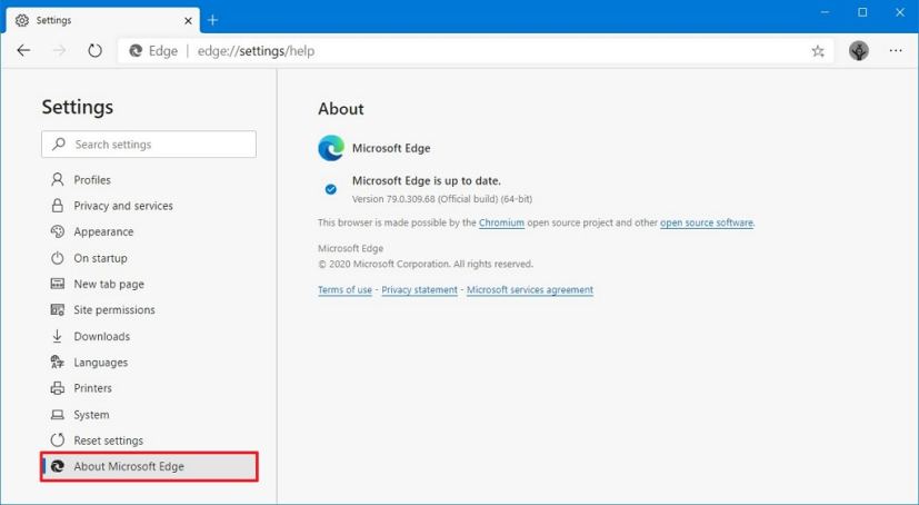Microsoft Edge check for updates